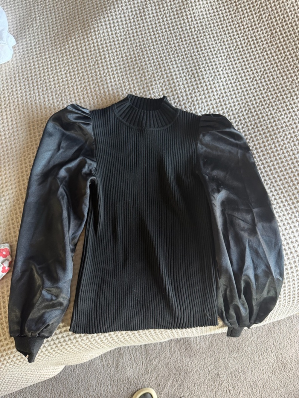 Lea & Viola Black Ribbed Top with Satin Puff Sleeves